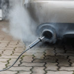 Car exhaust with visible fumes and test equipment attached