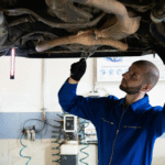 Mechanic looking at the underside of a vehicle