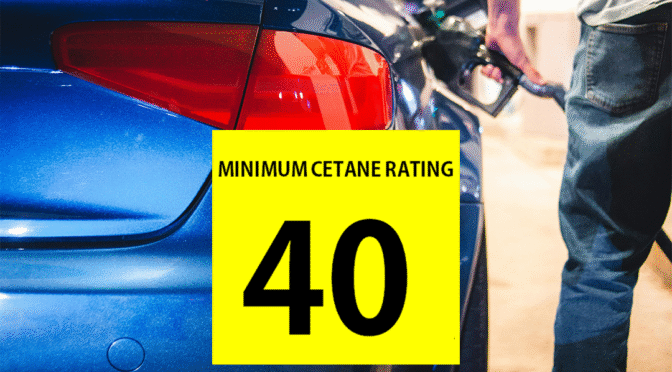 Minimum Cetane Rating 40. A car being filled up at the fuel station.