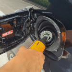 A fuel additive being poured into a vehicle.